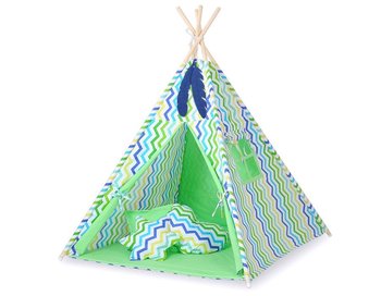 Namiot Tipi dla dzieci+ zawieszki pióra - Chevron zielono-niebieski - Bobono