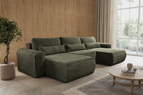 Narożnik z funkcją spania Leo U-kształtny uniwersalny z pojemnikiem khaki gruby sztruks