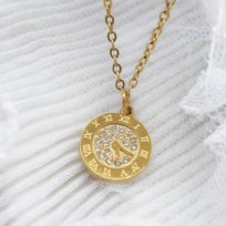 Naszyjnik Camille Złoty Zegar Cyfry Rzymskie Cyrkonie Stal PVD 316L 48cm Prezent