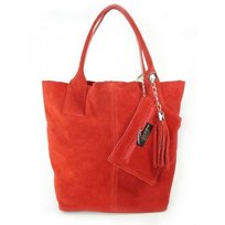 Naturalny  Włoska Torba Xl A4 Shopper Bag Skórzana Czerwona W567R KEMER