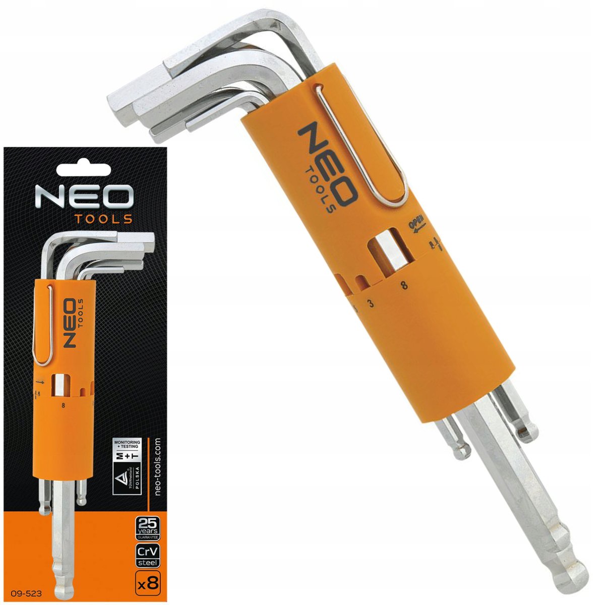 NEO TOOLS, Klucze sześciokątne, długie, kuliste 2-10 mm, zestaw 8 szt., 09-523