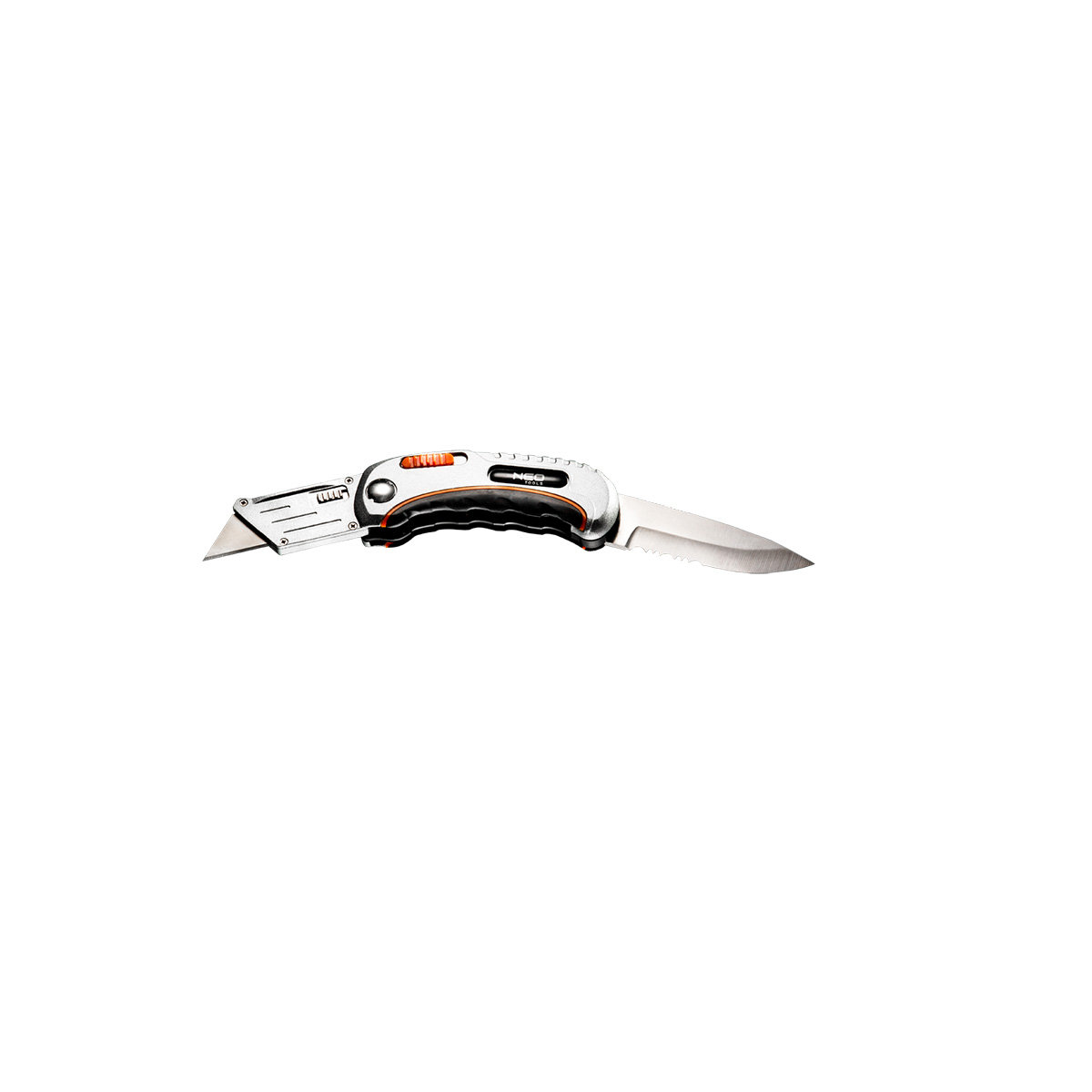 NEO TOOLS, Nóż uniwersalny składany, ostrze trapezowe + nóż, nylonowe etui + 5 ostrzy Neo, 63-710