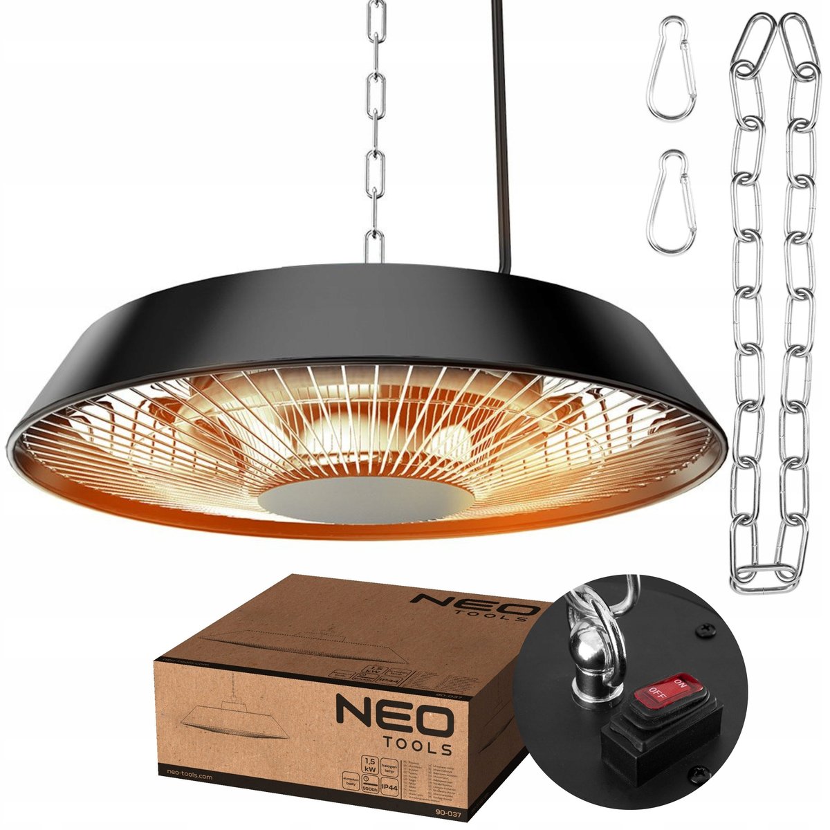 NEO TOOLS, Promiennik sufitowy 1500W, aluminiowy, bez pilota, włącznik, element grzejny halogen lamp, IP44, 90-037