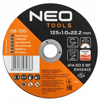 NEO TOOLS, Tarcze tnące do metalu/INOX 125 x 1.0 x 22,2mm, 41 A60-S-BF, 25 szt. kartonik. Wyprodukowano w PL, 08-720