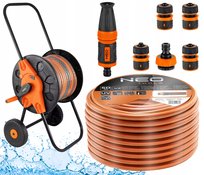 NEO Wąż Ogrodowy Mocny 50m 1/2” + Bęben + Zraszacz + Złączki, Komplet