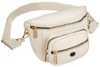 Nerka damska z regulowanym paskiem PETERSON miejska modna saszetka na ramię lub biodra kieszonki na drobiazgi telefon złote okucia odpinany szeroki pasek beżowa
