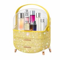 NETTLIFE Luksusowy organizer do makijażu, duży, przenośny, wodoodporny i pyłoszczelny pojemnik na kosmetyki z szufladami i uchwytem do biura i łazienki – złoty