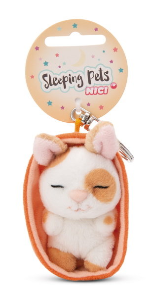 NICI Sleeping Pets Cat Keychain - Beige Plush Cat In Apricot Basket Key Holder