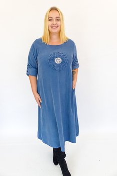 Niebieska Sztruksowa Sukienka z Kwiatem UNI - Nelino