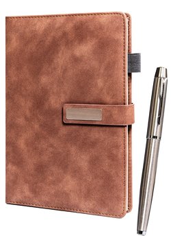 Notes A5 + długopis elegancki zestaw w pudełku prezentowym twarda brązowa okładka magnetyczne zapięcie metalowy długopis z czarnym wymiennym wkładem PETERSON - Peterson