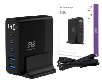 Nowa ładowarka sieciowa Encore Energy GaN QC 4+ 5.0 PD 3.0 USB-A x2 USB-C x3 140W GaN-14083R z wyświetlaczem - Encore Energy