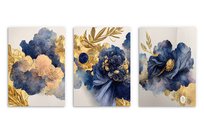 Nowoczesne plakaty na ścianę do salonu, granatowo-złote kwiaty 3x 50x70
