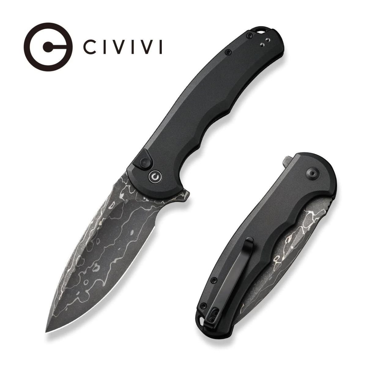 Nóż składany Civivi Button Lock Praxis Black Aluminium, Damascus ...