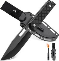 Nóż survivalowy Omesio L-PJ21 z pochwą z Kydexu, pełnym trzpieniem ze stali 5Cr13MoV, z krzemieniem i linką paracord, nóż bushcraftowy z ostrzem stałym do biwakowania i aktywności na świeżym powietrzu