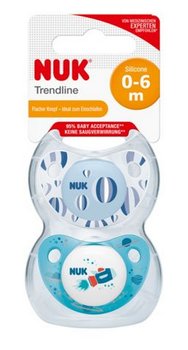 Nuk, Adore, Smoczek uspokajający bez uchwytu, Trendline, silikonowy, Boy, 0-6 m, 2 szt. - Nuk