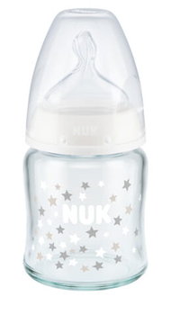 NUK, FC+ Butelka szklana 120 ml ze wskaźnikiem temperatury smoczek silikonowy 0-6m-cy M, biała - Nuk