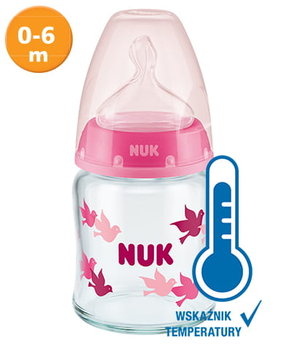 NUK, FC+ Butelka szklana 120 ml ze wskaźnikiem temperatury smoczek silikonowy 0-6m-cy M, różowa - Nuk