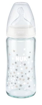 NUK, FC+ Butelka szklana 240 ml ze wskaźnikiem temperatury smoczek silikonowy 0-6m-cy M, biała - Nuk