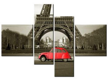 Obraz Czerwone auto przed Wieżą Eiffla, 4 elementy, 130x90 cm - Oobrazy