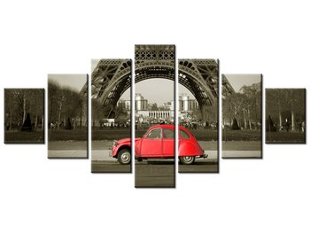 Obraz Czerwone auto przed Wieżą Eiffla, 7 elementów, 210x100 cm - Oobrazy