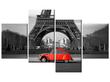 Obraz Czerwony samochód przed Wieżą Eiffla, 4 elementy, 120x70 cm - Oobrazy
