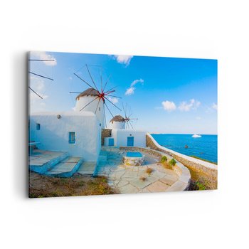 Obraz na płótnie - Błękitny wiatr od morza - 100x70cm - Architektura Krajobraz Grecja - Nowoczesny foto obraz w ramie do salonu do sypialni ARTTOR - ARTTOR