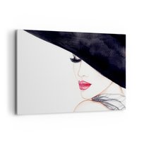 Obraz na płótnie - Elegancja i zmysłowość - 120x80cm - Kobieta Czerwone Usta Czarny Kapelusz - Nowoczesny obraz na ścianę do salonu do sypialni ARTTOR