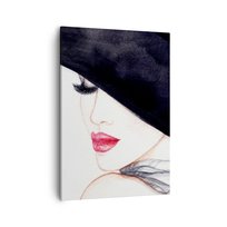 Obraz na płótnie - Elegancja i zmysłowość - 50x70cm - Kobieta Czerwone Usta Czarny Kapelusz - Nowoczesny Canvas obraz do salonu do sypialni ARTTOR