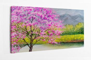 Obraz na płótnie HOMEPRINT, akwarele, różowe drzewo, kwitnące, drzewo, nad jeziorem, jezioro 140x70 cm - HOMEPRINT
