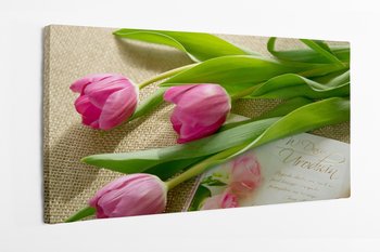 Obraz na płótnie HOMEPRINT, bukiet tulipanów i kartką urodzinową 120x50 cm - HOMEPRINT