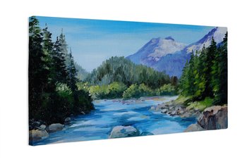 Obraz na płótnie HOMEPRINT, Krajobraz rzeki płynącej w paśmie górskim, malarstwo olejne, sztuka klasyczna 120x50 cm - HOMEPRINT