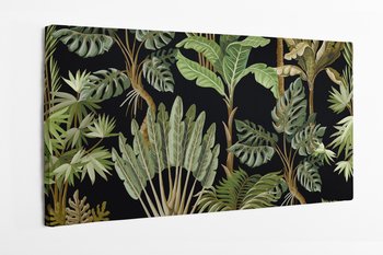 Obraz na płótnie HOMEPRINT, tropikalne drzewa palmowe, banana oraz monstera na czarnym tle 140x70 cm - HOMEPRINT