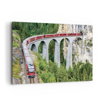 Obraz na płótnie - Kolej na górskie widoki - 100x70cm - Most Kolejowy Krajobraz Górski Pociąg Pasażerski - Nowoczesny foto obraz w ramie do salonu do sypialni ARTTOR - ARTTOR
