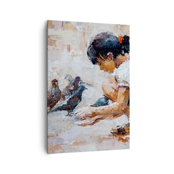 Obraz na płótnie - Maluczcy i najmilsi - 70x100cm - Dziewczynka Gołębie Dla Dzieci - Nowoczesny foto obraz w ramie do salonu do sypialni ARTTOR - ARTTOR