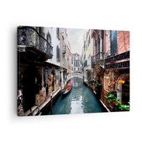Obraz na płótnie - Pejzaż wenecki z gondolą i mostkiem - 70x50cm - Miasto Wenecja Architektura - Nowoczesny Canvas obraz do salonu do sypialni ARTTOR ARTTOR