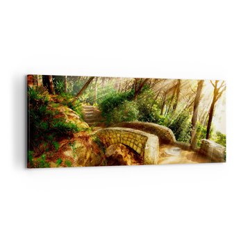 Obraz na płótnie - Prosto z mostku w baśniowy las - 120x50cm - Krajobrazy Kamienne Schody Promienie Słońca - Nowoczesny obraz na ścianę do salonu do sypialni ARTTOR - ARTTOR
