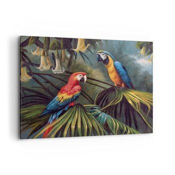 Obraz na płótnie - Romantyzm w tropikach - 100x70cm - Papuga Ara Zwierzęta Las Tropikalny - Nowoczesny foto obraz w ramie do salonu do sypialni ARTTOR - ARTTOR