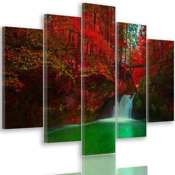 Obraz pięcioczęściowy na płótnie: Wodospad i jesienne drzewa, 100x200 cm - Caro