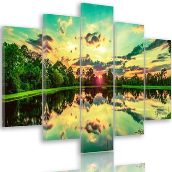 Obraz pięcioczęściowy na płótnie: Wschód słońca nad jeziorem, 70x100 cm - Caro