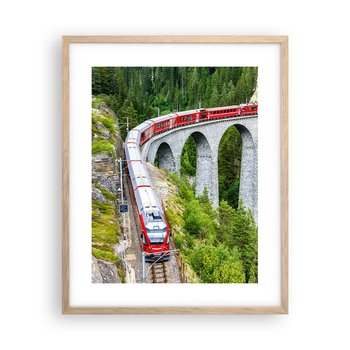 Obraz - Plakat - Kolej na górskie widoki - 40x50cm - Most Kolejowy Krajobraz Górski Pociąg Pasażerski - Foto Plakaty w ramie koloru jasny dąb do Salonu Sypialni ARTTOR - ARTTOR
