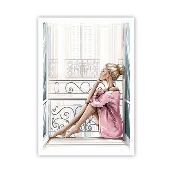 Obraz - Plakat - Paryski poranek - 70x100cm - Kobieta Modelka Architektura - Foto Plakaty bez ramy na ścianę do Salonu Sypialni ARTTOR - ARTTOR
