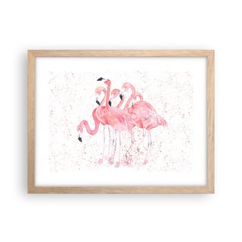 Obraz - Plakat - Różowy ansambl - 40x30cm - Flamingi Ptaki Grafika - Foto Plakaty na ścianę w ramie jasny dąb - Plakat do Salonu Sypialni ARTTOR - ARTTOR