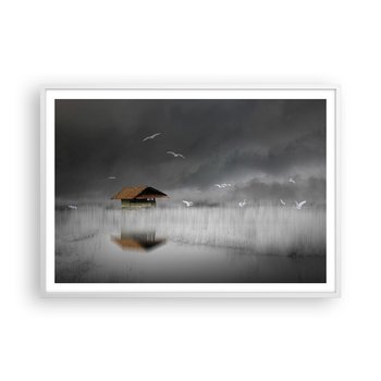 Obraz - Plakat - Schronienie przed deszczem - 100x70cm - Krajobraz Mgła Chatka Na Wodzie - Foto Plakaty w ramie koloru białego do Salonu Sypialni ARTTOR - ARTTOR