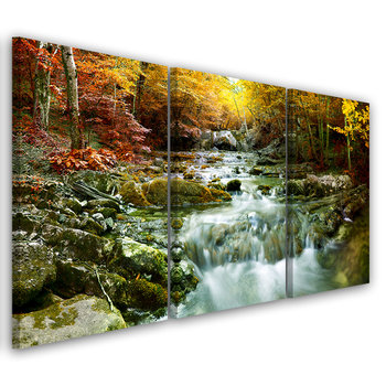 Obraz tryptyk na płótnie trzyczęściowy FEEBY, Jesień Las Wodospad Skały 120x80 - Feeby