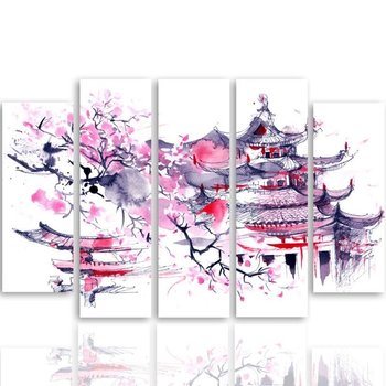 Obraz tryptyk pięcioczęściowy FEEBY, Japoński Krajobraz Różowy 100x70 - Caro
