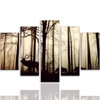 Obraz tryptyk pięcioczęściowy FEEBY, Jeleń w Lesie Mgła brązowy 100x70 - Caro