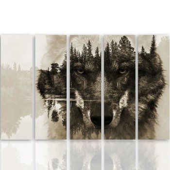 Obraz tryptyk pięcioczęściowy FEEBY, Wilk na tle lasu - brązowy 100x70 - Caro