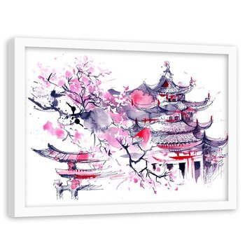 Obraz w ramie białej FEEBY, Japoński dom Akwarela lila 90x60 - Feeby