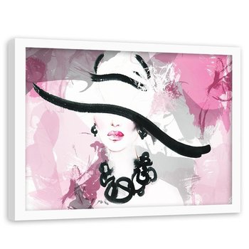 Obraz w ramie białej FEEBY, Kobieta w kapeluszu róż 60x40 - Feeby