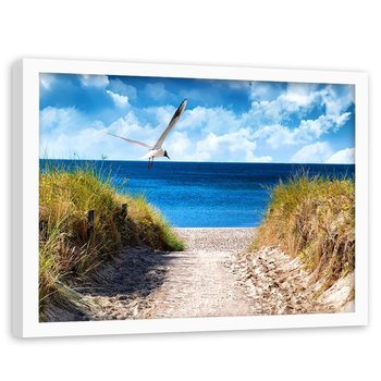 Obraz w ramie białej FEEBY, NA PŁÓTNIE Plaża Wydmy Mewa 60x40 - Feeby